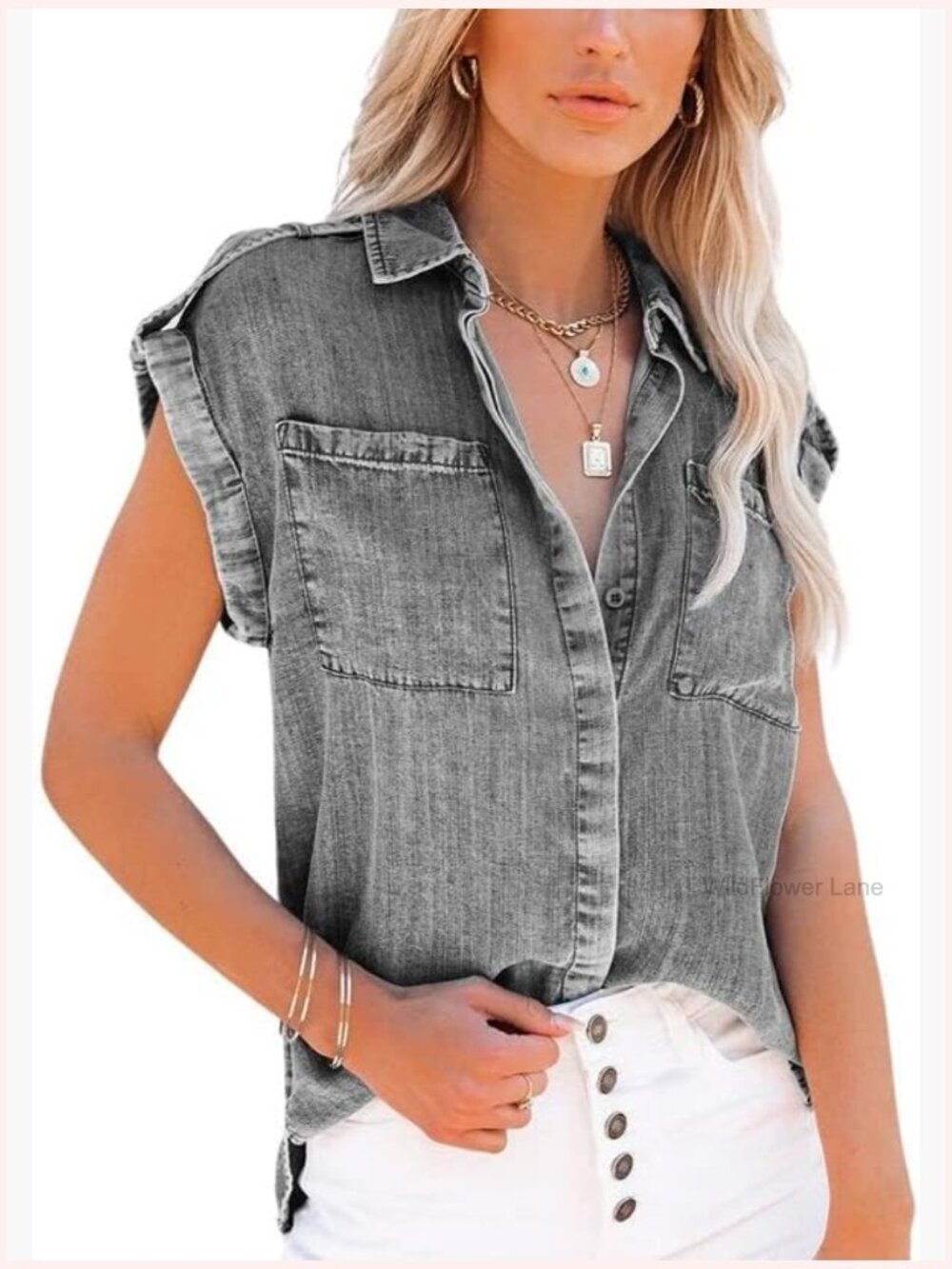 Casual Distressed Denim Button Down Sleeveless Shirt Top